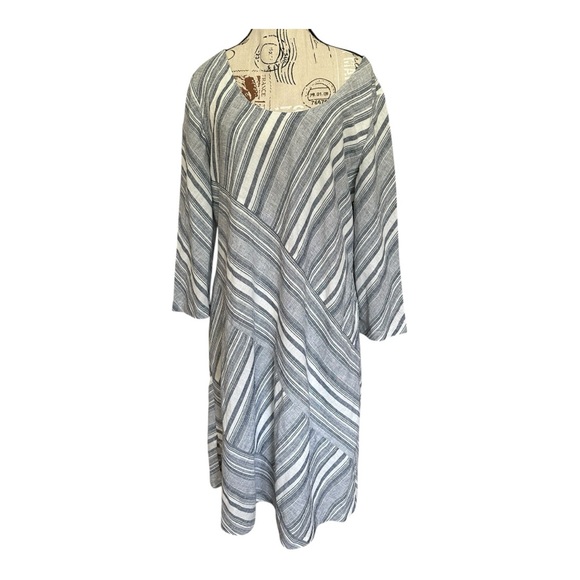 Soft Surroundings Dresses & Skirts - Soft Surroundings Sonya Linen Midi Dress Sz L Pockets Blue White Coastal Pockets